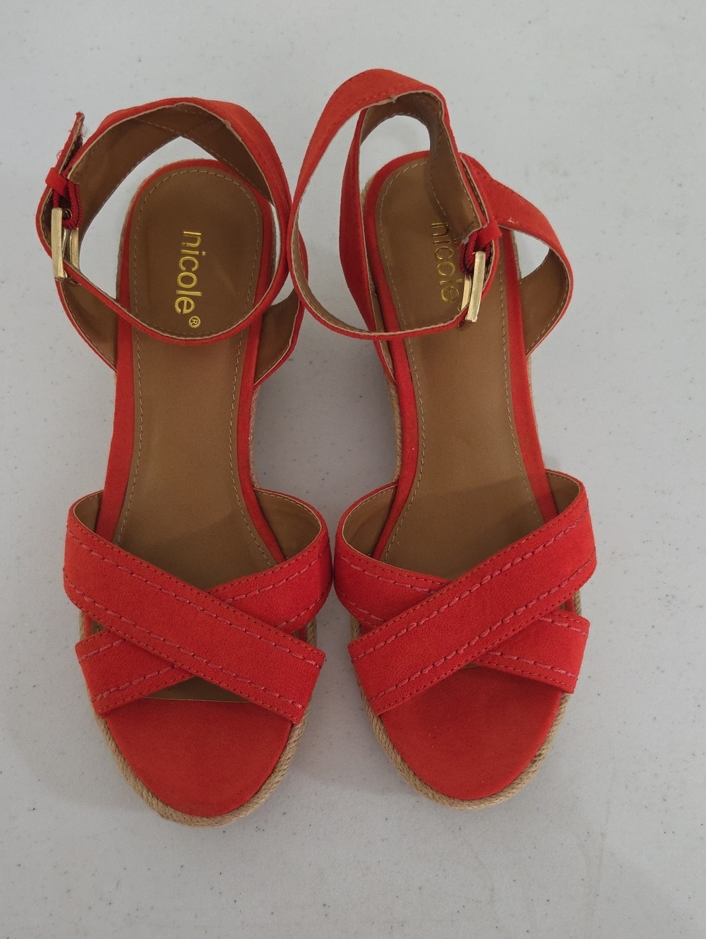 Nicole Orange-Red Suede Crisscross Wedge Sandals